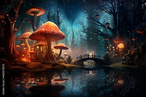 Nighttime forest with a glowing mushroom house and dark sky. Generative AI © Tristan