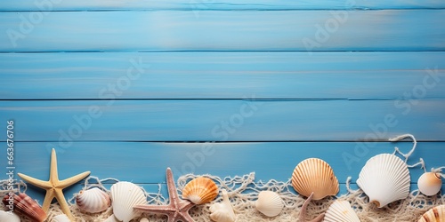 Sea Shells And Starfish Background On Blue Wood Background