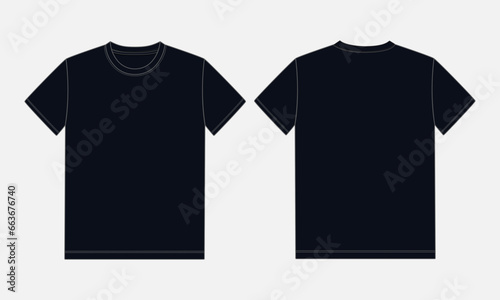 Short sleeve Basic T shirt overall technical fashion flat sketch vector illustration template front and back views. Apparel clothing black color mock up for men's and boys.
