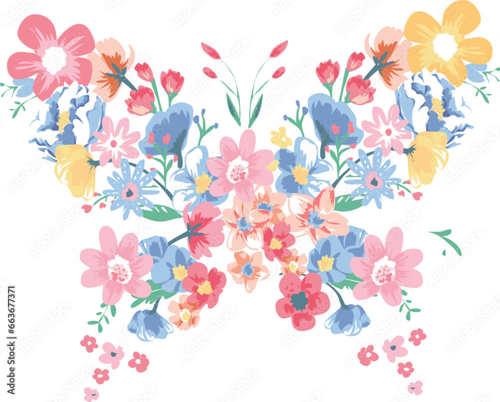 Butterfly style floral vector illustration isolated Transparent background