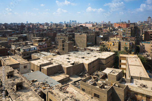 Cairo roofs cityscape view, Egypt urban panorama, Dense buildings, garbage on rooftops of houses