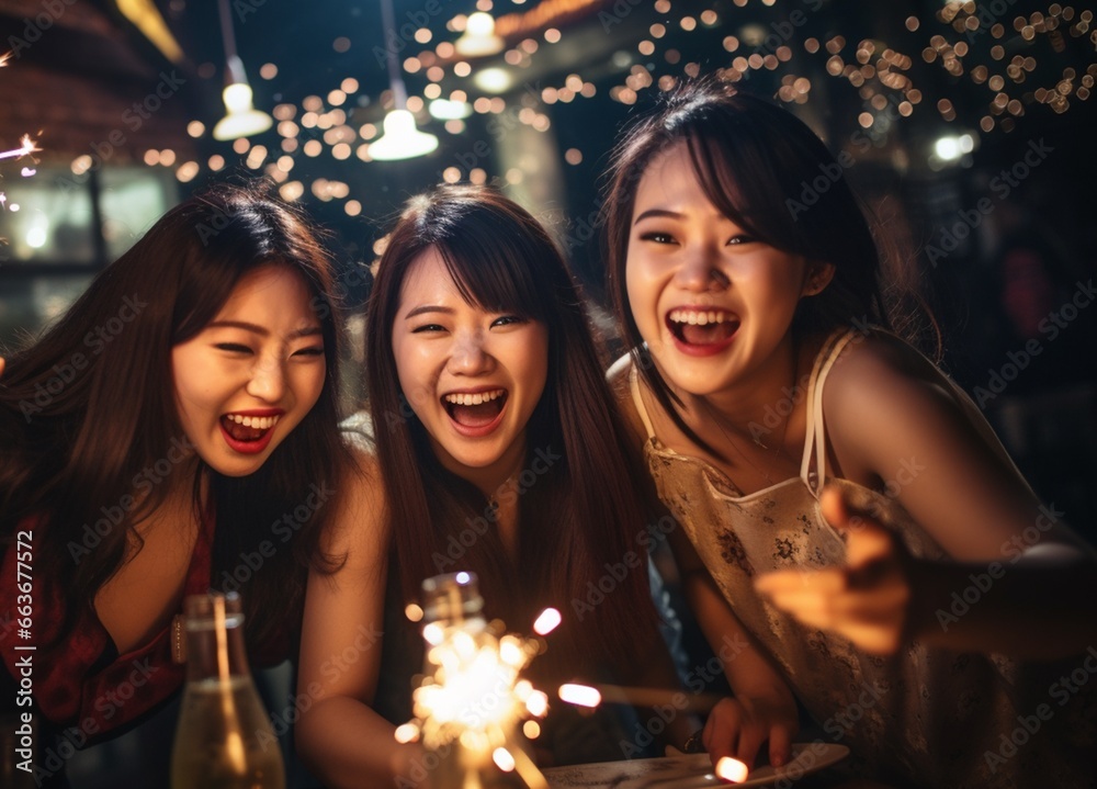 Group of happy friends playing fireworks and celebrating in restaurant at night