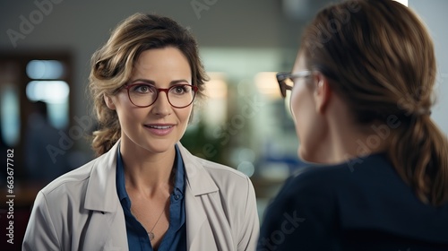 Female doctor meeting a patient in her office for a medical consultation, they are wearing surgical masks