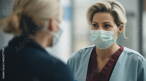 Female doctor meeting a patient in her office for a medical consultation, they are wearing surgical masks