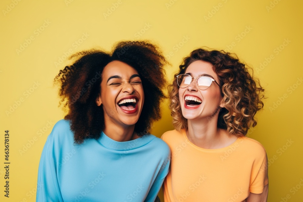 Two lesbians laugh together against a yellow backdrop, two lesbian women share a laugh together against a yellow background Two lesbians laugh together against a yellow backdrop, two lesbian women share a laugh together against a yellow background