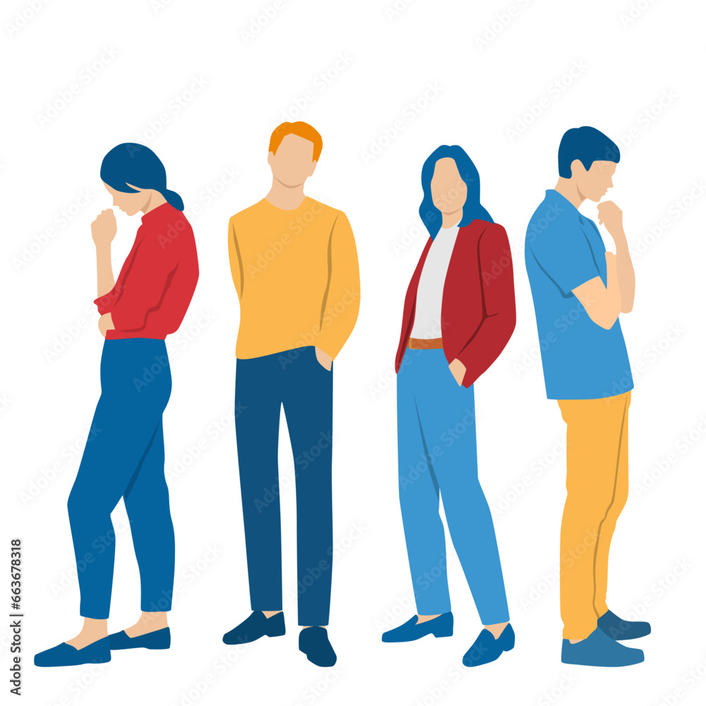 Set of young men and women, different colors, cartoon character, group of silhouettes of standing business people, students, design concept of flat icon, isolated on white background Set of young men and women, different colors, cartoon character, group of silhouettes of standing business people, students, design concept of flat icon, isolated on white background