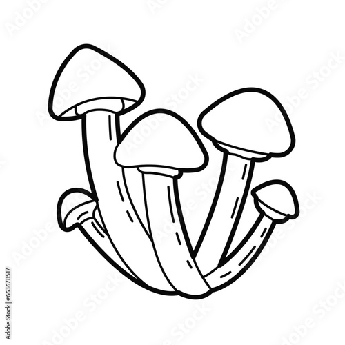 Mushrooms - honey fungus. Vector black white outline illustration. Design elements or page of children's coloring book.