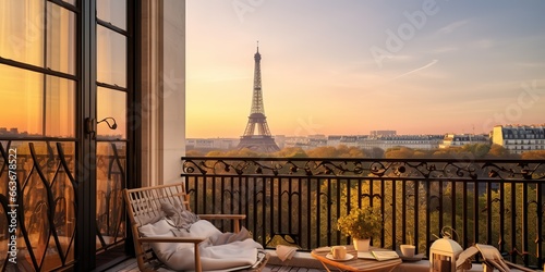illustration of the view of the Eiffel Tower from the balcony where there is a table and sofa