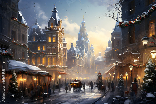 Magical Winter Wonderland, Festive Christmas Shopping Street with Holiday Fair, Xmas Market, and Joyful Crowds © NE97