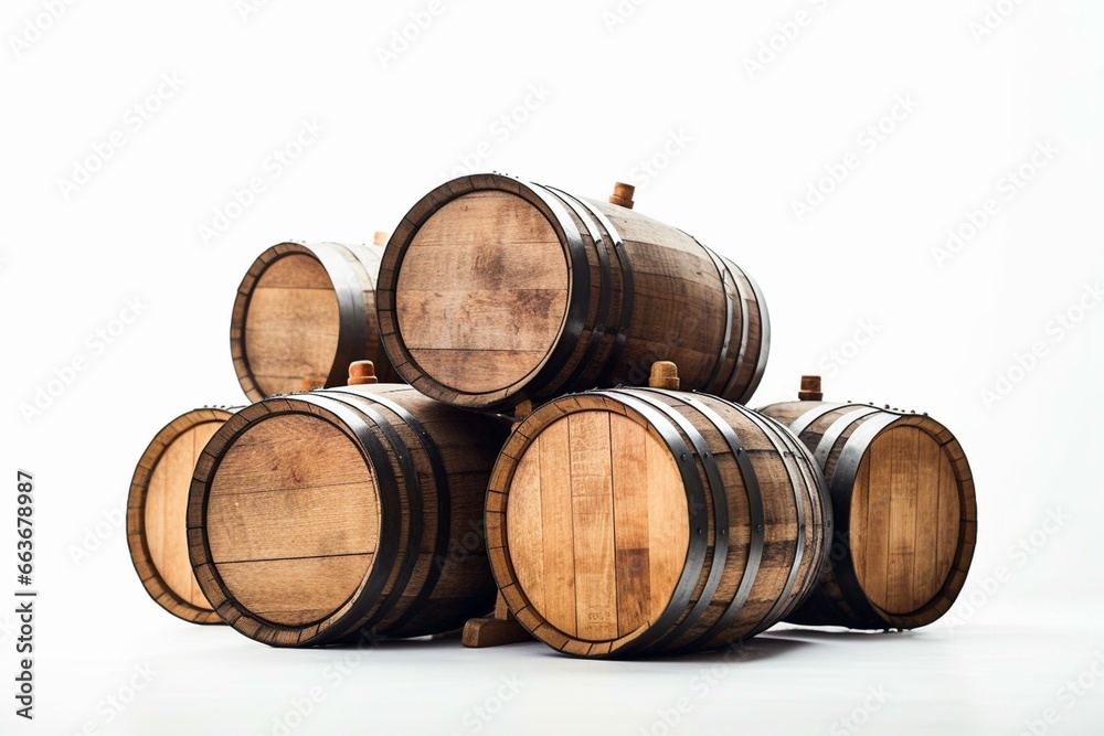 White background with wooden barrels. Generative AI