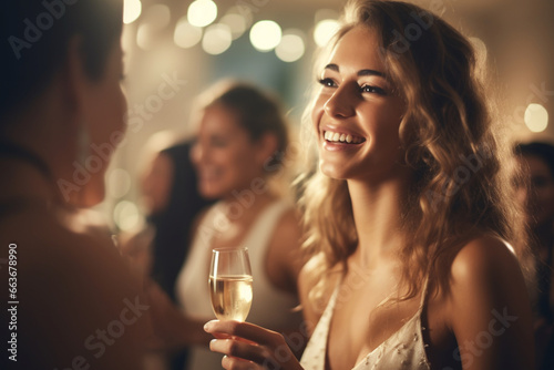 Beautiful woman enjoying wine at night at a party