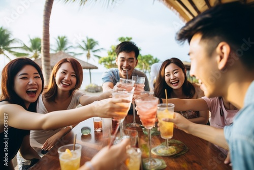 Group of happy friends enjoying cocktails at beach party Travel and summer vacation concept.