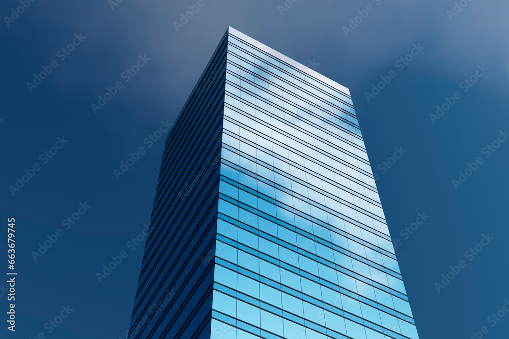 High-rise modern building made of blue glass against the sky.