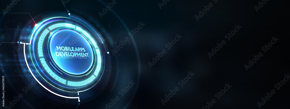 Inscription MOBILE APPS DEVELOPMENT on the virtual display. Cloud technology concept. 3d illustration Inscription MOBILE APPS DEVELOPMENT on the virtual display. Cloud technology concept. 3d illustration