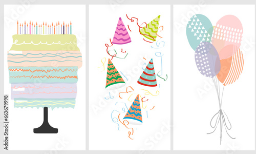 Set of birthday greeting card designs, balloons, cake, caps.