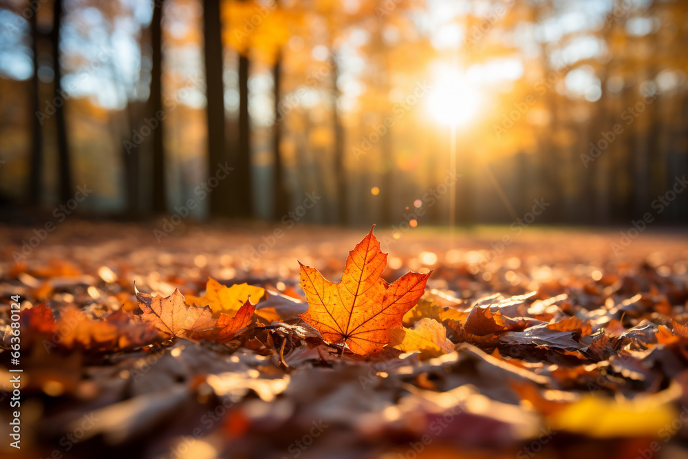 Autumn leaves on the ground in the park at sunset. Seasonal background