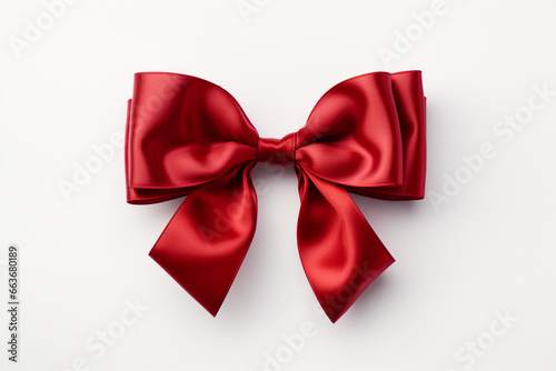 Red bow on white background. Flat lay, top view, copy space