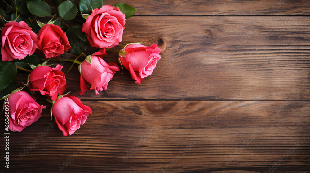 Valentines roses on rustic wood background. Flowers