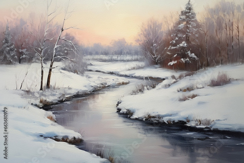 Winter's Serenity: An Oil Painting of a Tranquil River Landscape Blanketed in Snow