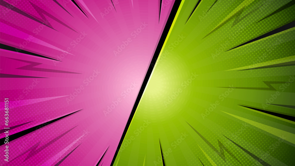 Naklejka premium Pink and green comic style background with lightning and halftone effect. Flat versus comic style background. Before and after background template.