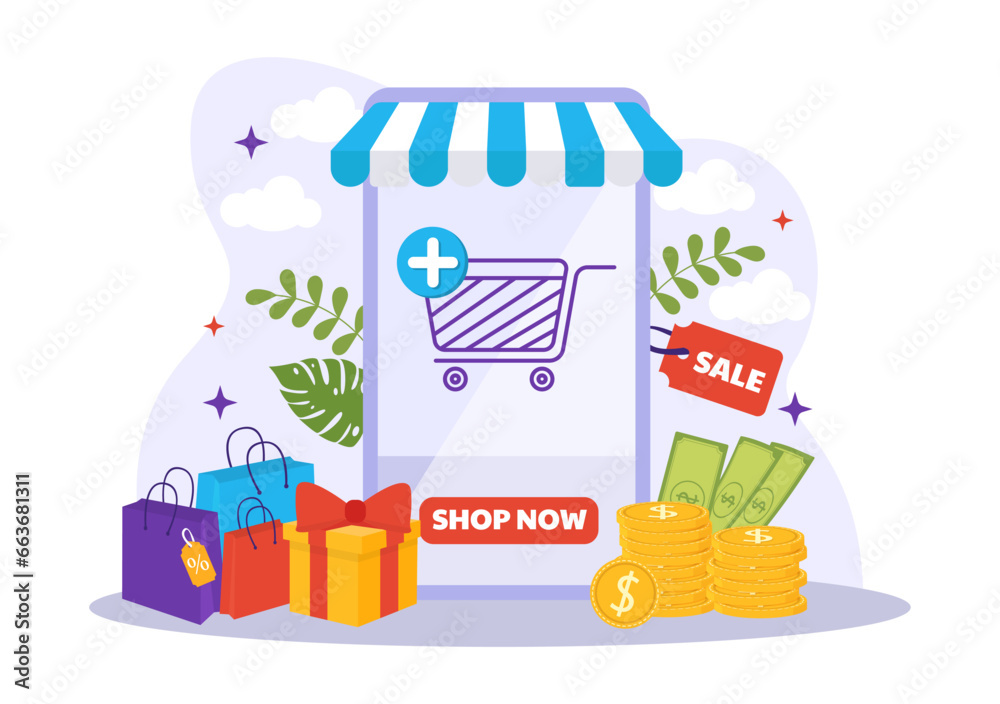 Naklejka premium Mobile E-Commerce Vector Illustration of Smart Phone for Activities of Online Shopping and Digital Marketing Promotion with Bag and Gift Box Design