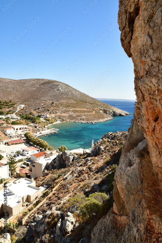 vlichadia bay from climbing rock above kalymnos greece
