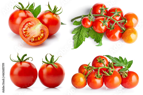 Collage mix set of Tomato in cut with leaf for packaging and label. Still life harvest vegetable. Healthy food organic foodstuff. Isolated on white background.