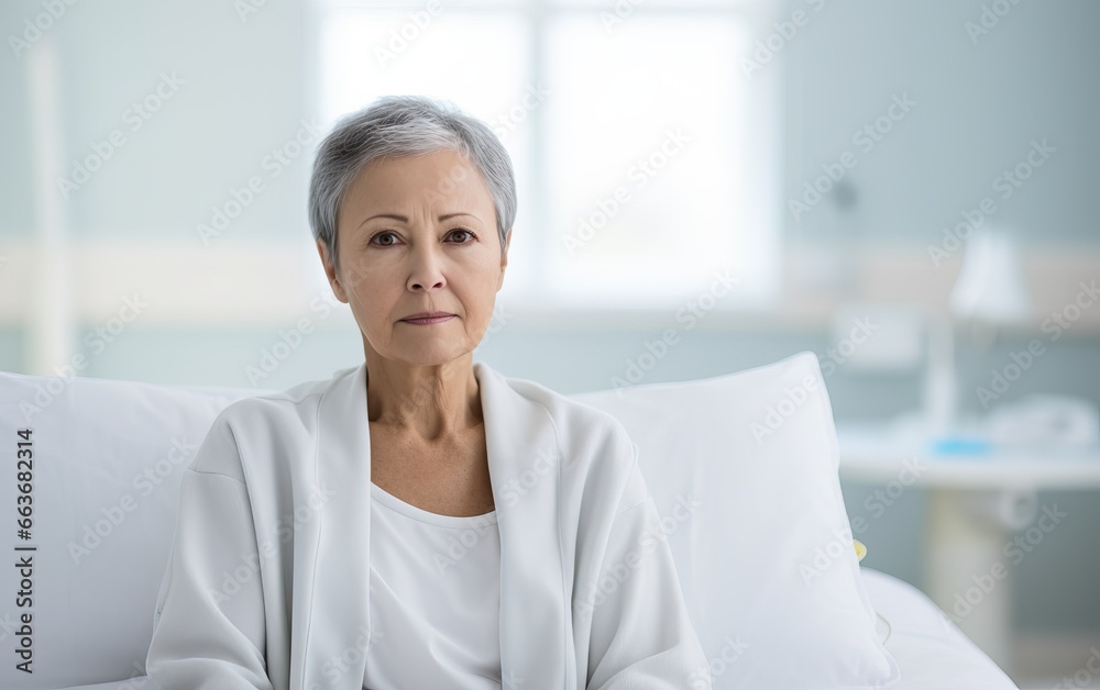 Senior sad woman wearing headscarf, suffering from bone cancer sitting alone at a hospital Senior sad woman wearing headscarf, suffering from bone cancer sitting alone at a hospital