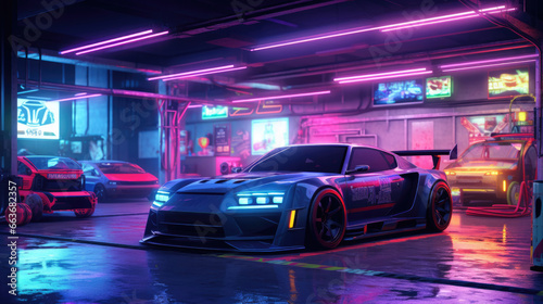 A neon-lit cyberpunk garage filled with vehicles © basketman23