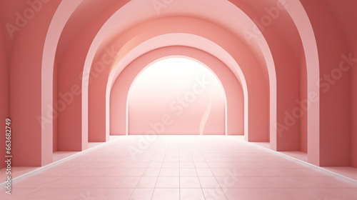 View of empty pink room with arch design and concert