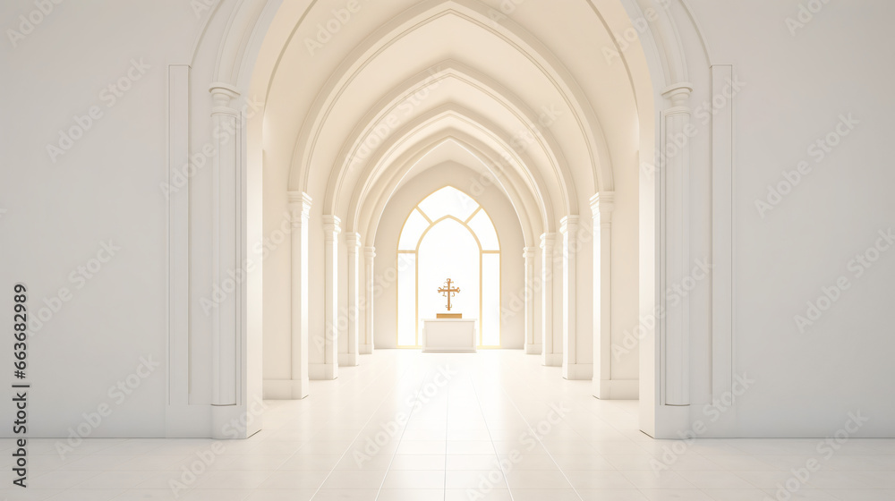 View of empty white room with arch design and golden - obrazy, fototapety, plakaty 
