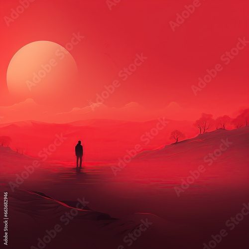 Red minimalistic landscape in the desert, image of nature, sky, hills