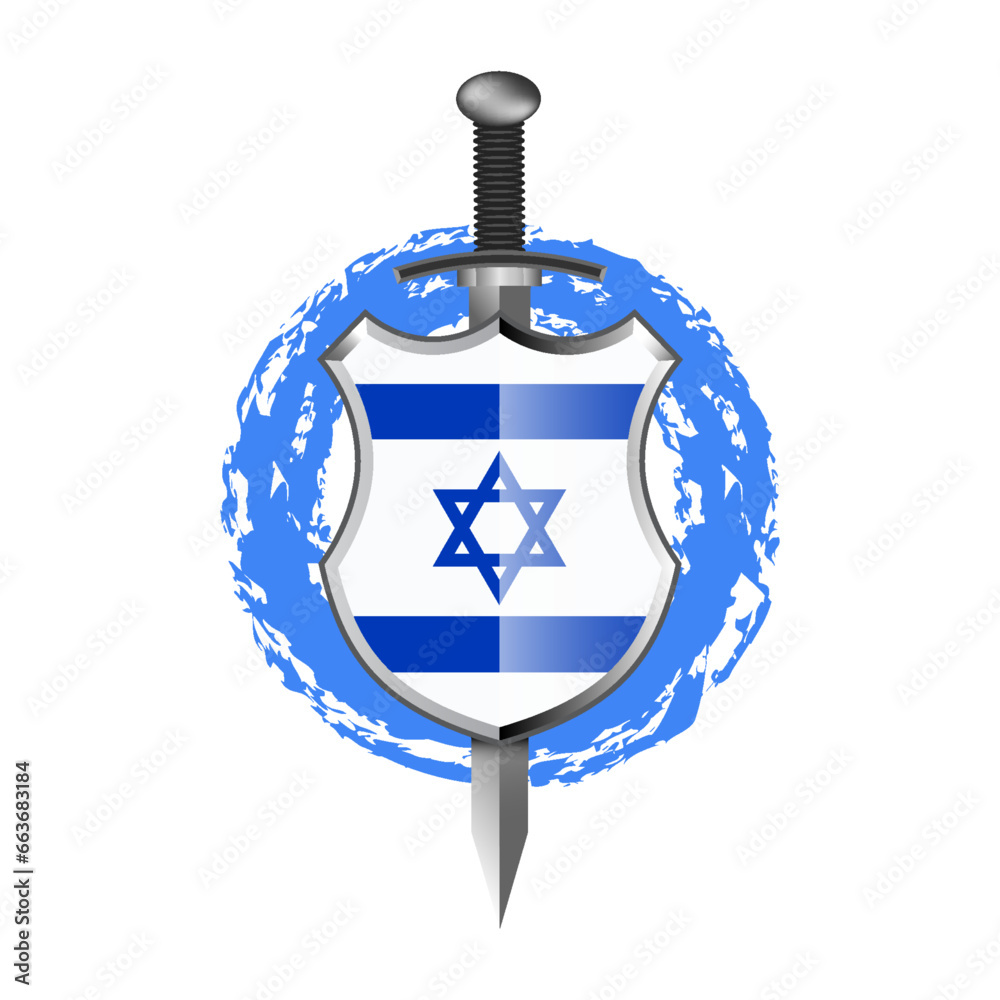 Vector military emblem of Israel. Shield with Israeli flag and sword. Defense of the country. White blue background. Vector military emblem of Israel. Shield with Israeli flag and sword. Defense of the country. White blue background.
