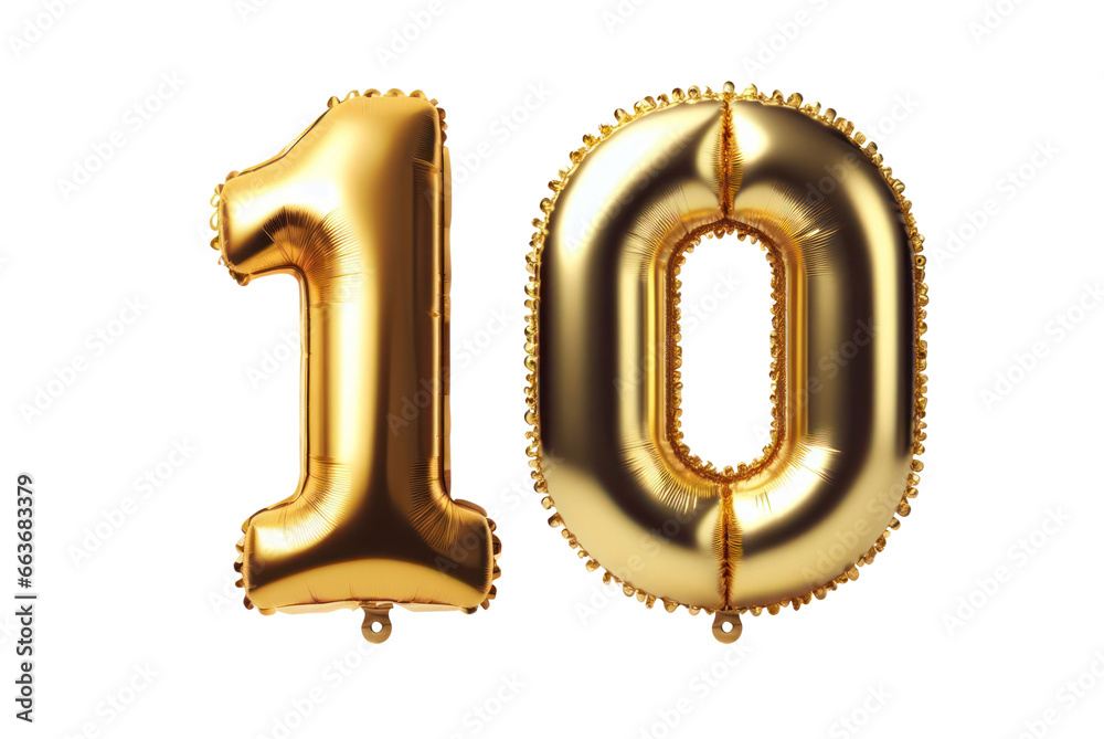 Ten number 10 font golden balloon isolated on white transparent background, PNG - obrazy, fototapety, plakaty 
