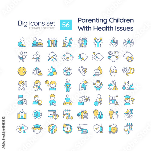2D editable multicolor big line icons set representing parenting children, simple isolated vector, linear illustration.