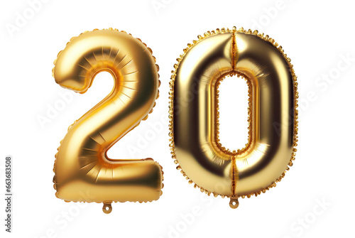 20 number twenty font golden balloon isolated on white transparent background, PNG photo