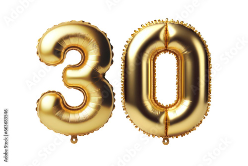 30 number thirty font golden balloon isolated on white transparent background, PNG