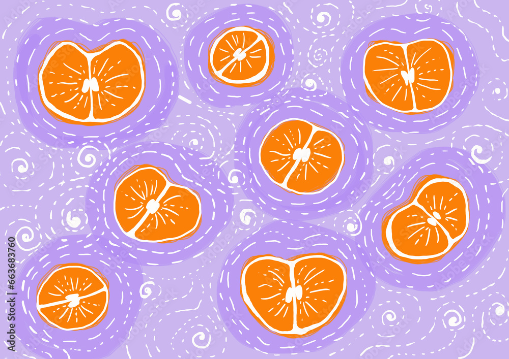 A set of halved citrus fruits. Different in shape and size. Orange color with white outline. Oranges, tangerines, etc. The background is gentle lavender color with a decor of white lines, curls, dots.