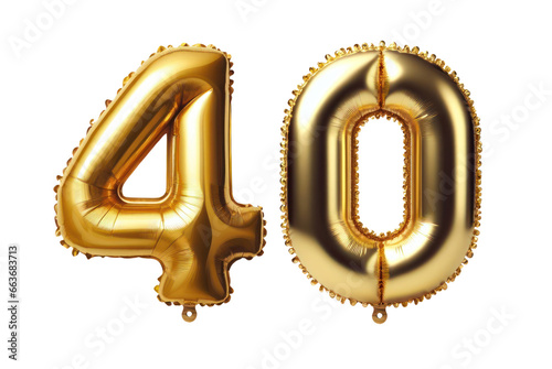 40 number forty font golden balloon isolated on white transparent background, PNG photo