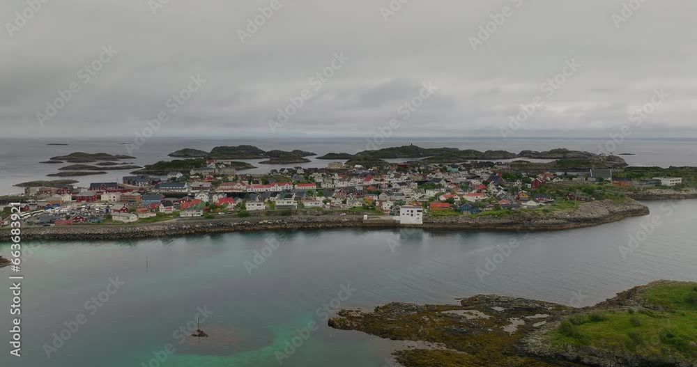 Unique setting of Henningsvaer fishing village on Lofoten archipelago, aerial Unique setting of Henningsvaer fishing village on Lofoten archipelago, aerial