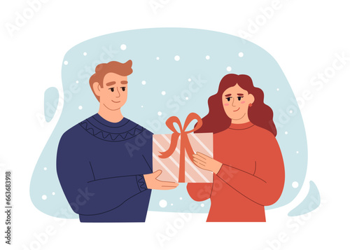 Happy Couple Exchanging Gifts. Christmas Presents Concept. Man Presenting Gift to Woman. Flat Vector Illustration Isolated on White Background.