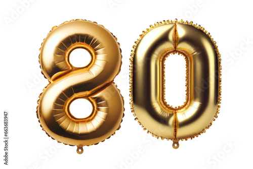 80 number eighty font golden balloon isolated on white transparent background, PNG photo