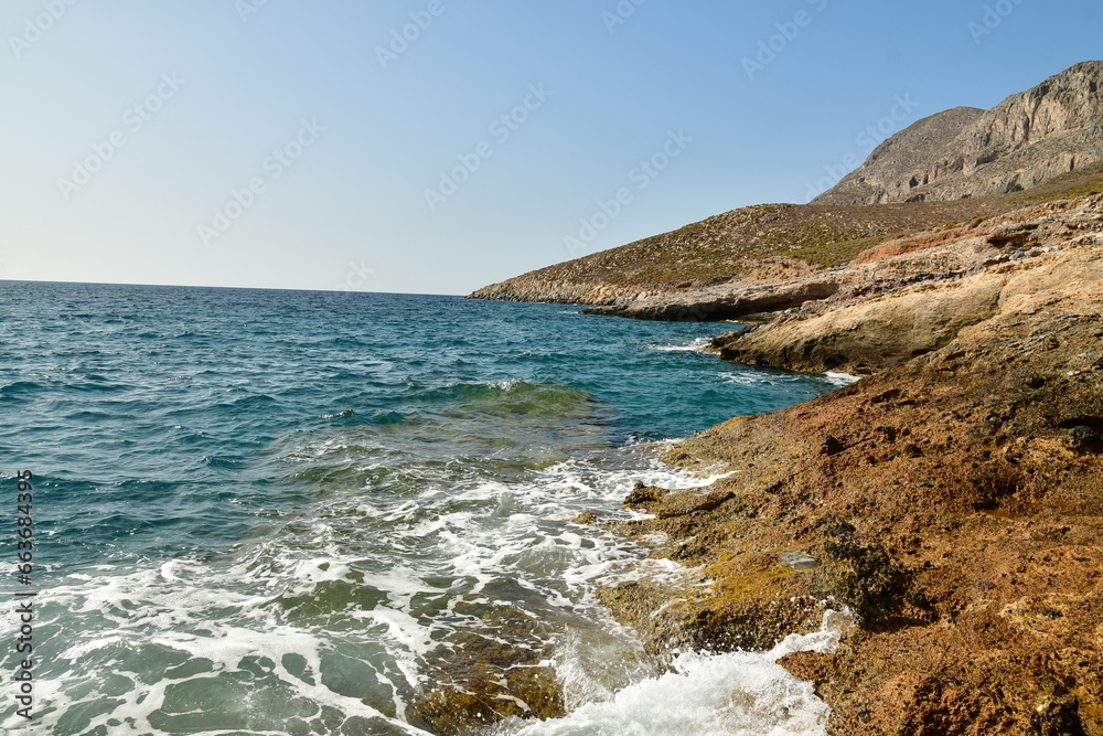 rocky coast kalymnos island greece sumer sun aegean