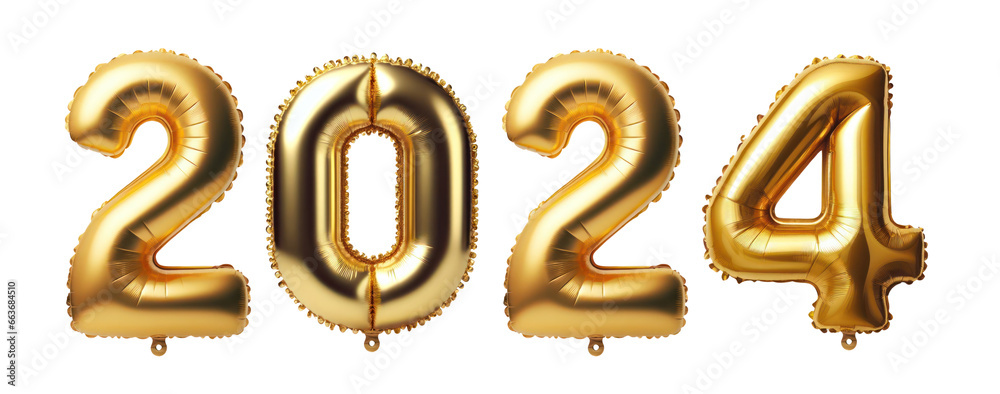 2024 golden balloon font isolated on white transparent background, PNG. New year celebration