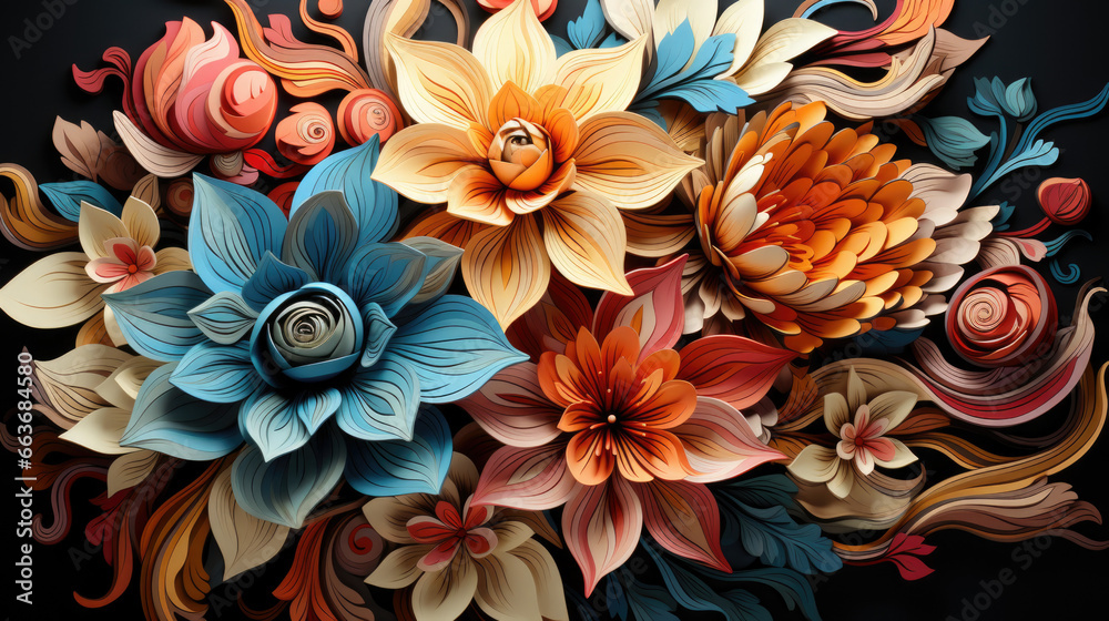 Multicolor paper flowers and leaves. The colors of the paper