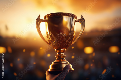 Man holding up a gold trophy cup with abstract shiny background, copy space for text photo
