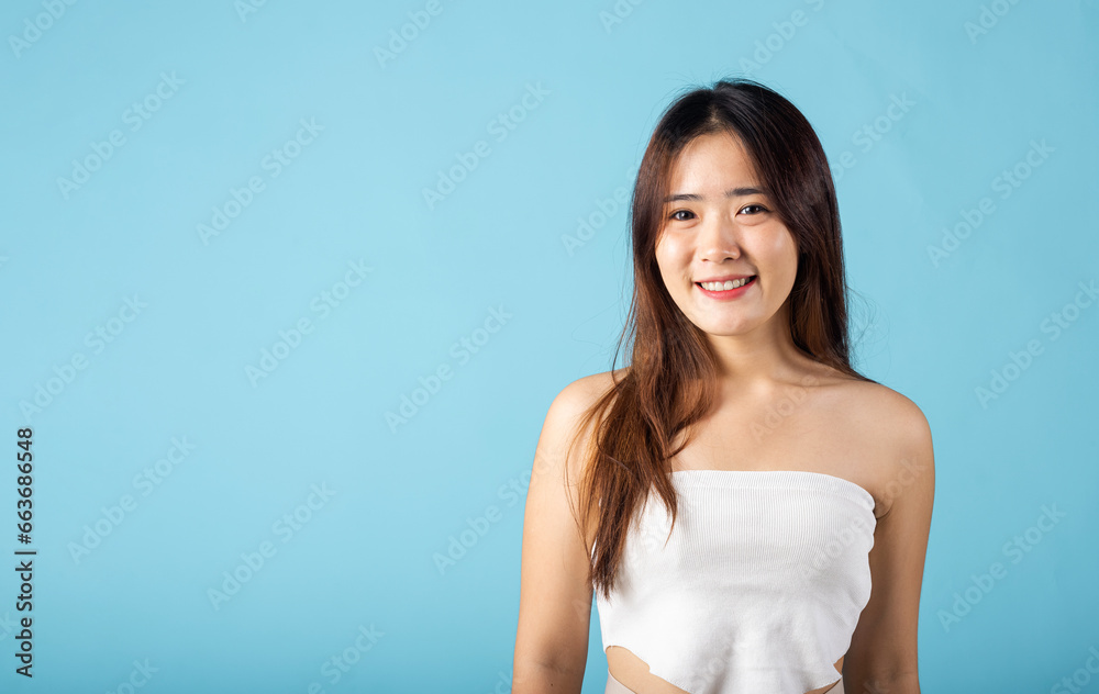 Skin care and Beauty concept. Asian young woman with beauty face touching healthy facial skin, portrait happy female with natural makeup and healthy face Skin care and Beauty concept. Asian young woman with beauty face touching healthy facial skin, portrait happy female with natural makeup and healthy face
