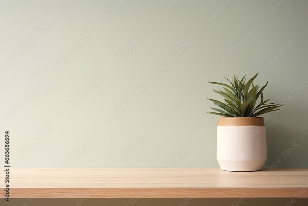 Empty wooden table with tree pot in minimalist living room with natural elements. Simplicity and style in modern interior design. Clean and cozy. Wall minimalism. Bright and contemporary space