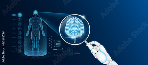 Doctor robot hand holding magnifying glass looking brain analysis diagnosis with AI artificial intelligence technology. Anatomy hologram of the male body. Innovative medical healthcare. Vector.