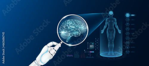 Doctor robot hand holding magnifying glass looking brain analysis and anatomy hologram of the female body. Diagnosis with AI artificial intelligence technology. Innovative medical healthcare. Vector